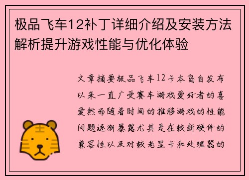 极品飞车12补丁详细介绍及安装方法解析提升游戏性能与优化体验